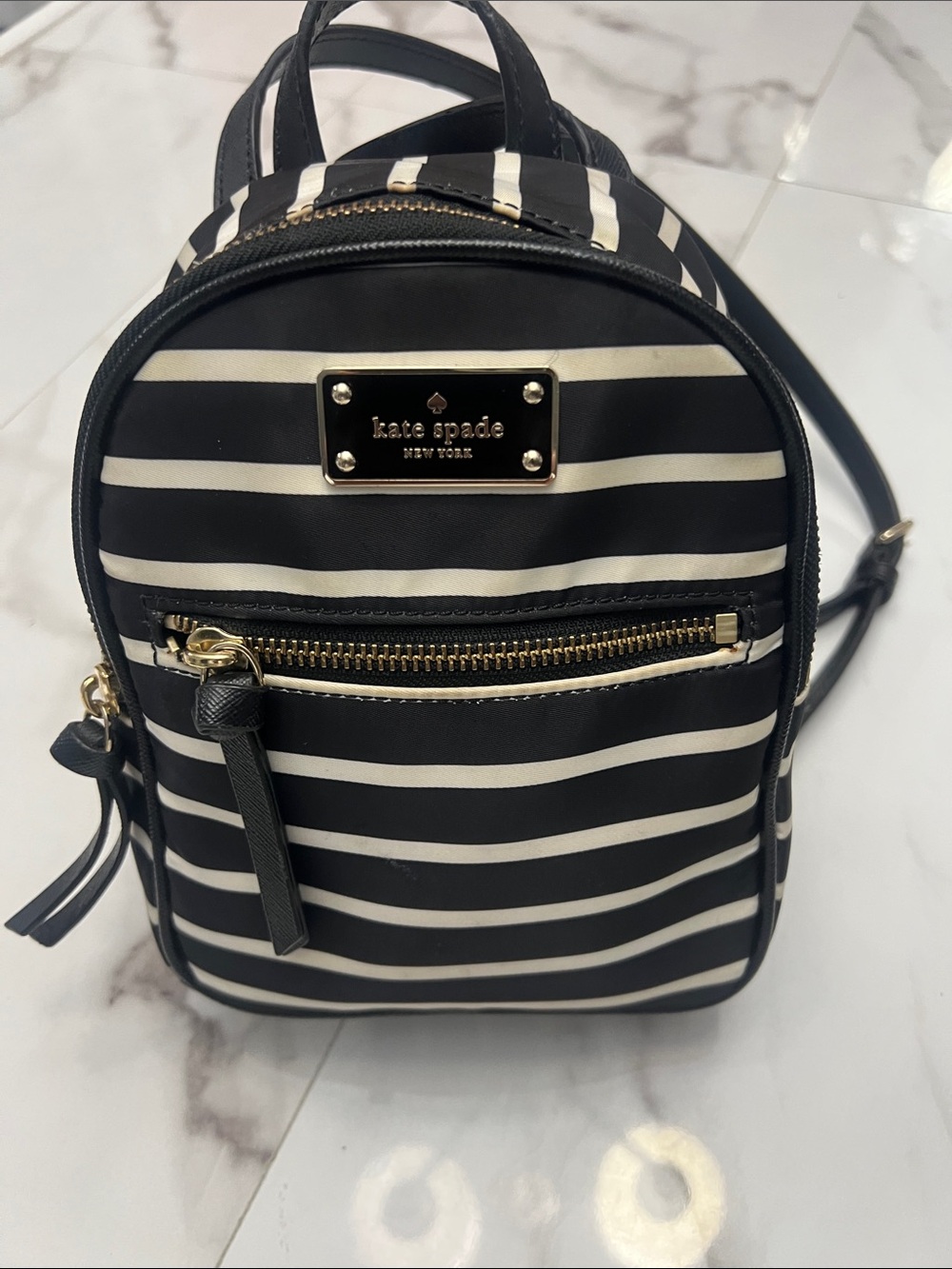 kate spade Black and White Striped Mini Backpack with Gold Hardware